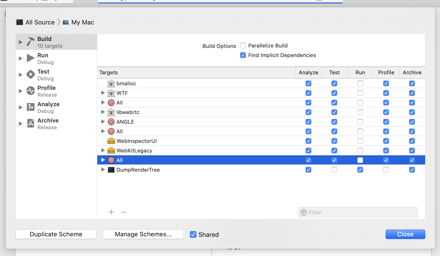 Screenshot of Xcode unchecking build options for all but DumpRenderTree for "Run" scheme