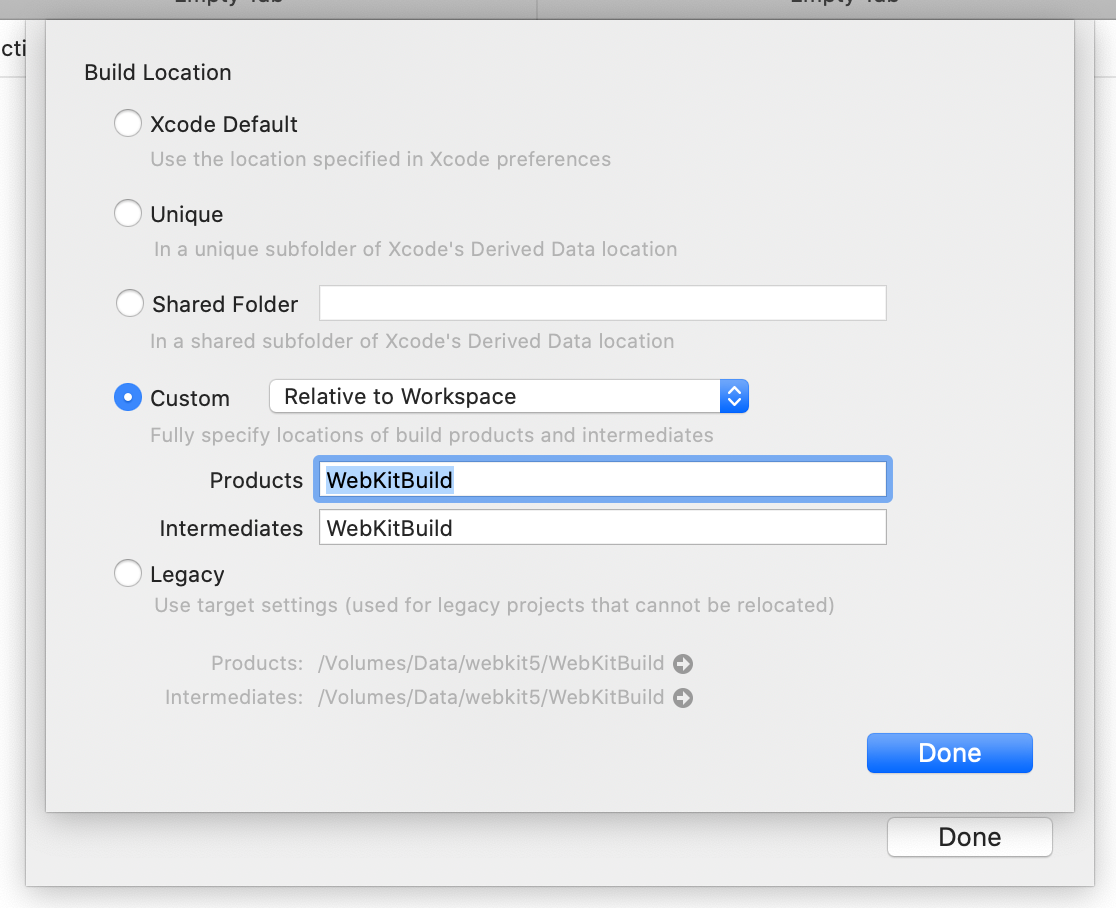 Screenshot of Xcode Workspace Settings - Advanced Build Location
