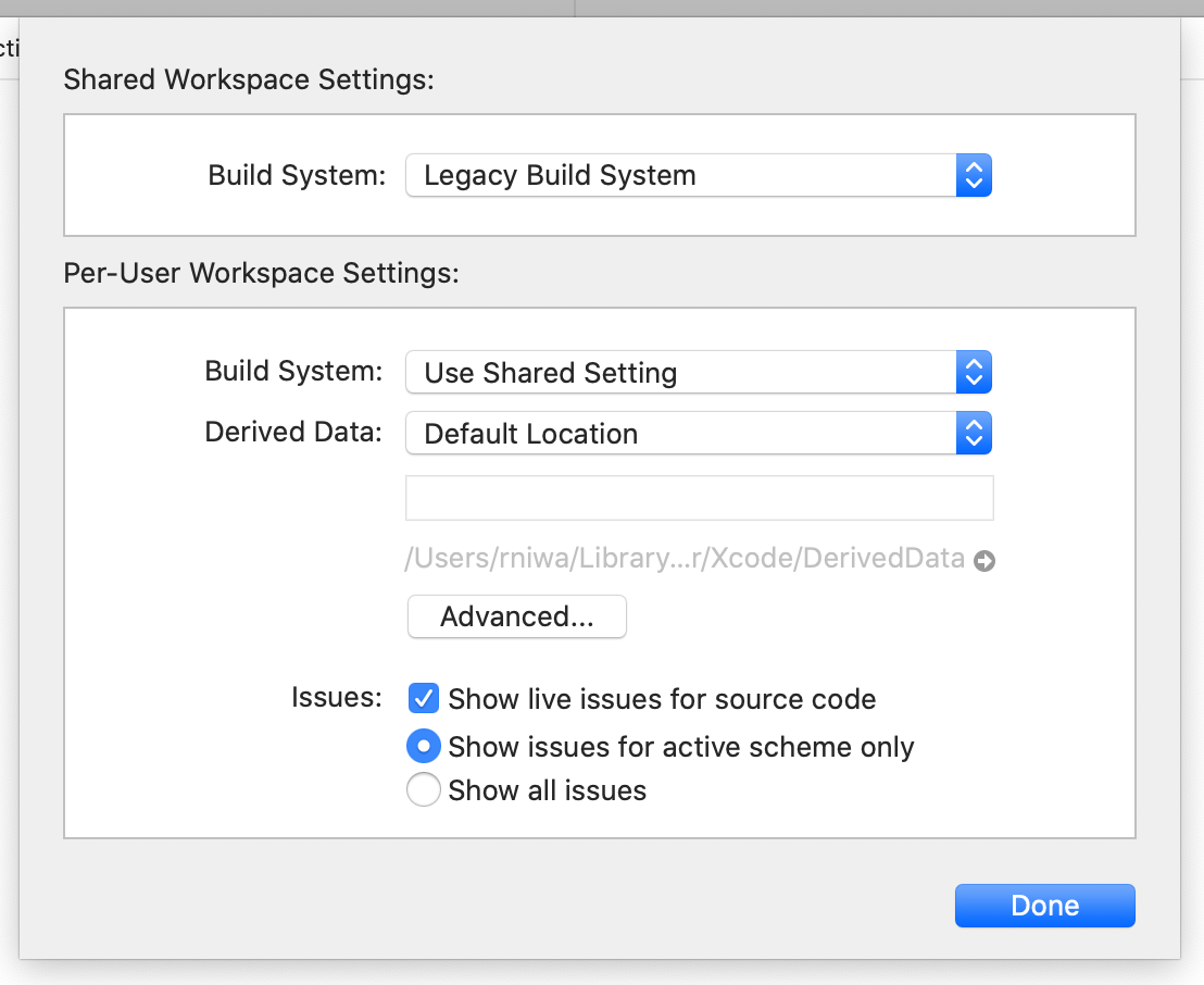 Screenshot of Xcode Workspace Settings